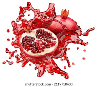 pomegranates in red juice splash with isolated on a white background with clipping path - Shutterstock ID 2119718480