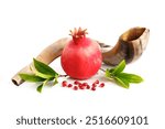 Pomegranates and shofar symbol of the Jewish holiday-Rosh Hashanah white background.