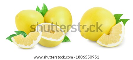 pomelo with half and leaf isolated on white background with clipping path and full depth of field