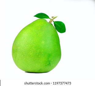 Pomelo With Leaves Isolated On White Background. Tropical Fruit. Natural Source Of Vitamin C And Potassium. Healthy Food For Slow Down Aging. Food Drug Interactions. Citrus Fruit.  Green Fruit.