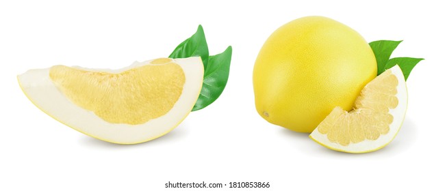 pomelo with slice and leaf isolated on white background. Set or collection