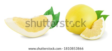 pomelo with slice and leaf isolated on white background. Set or collection