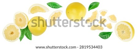 pomelo with slice and leaf isolated on white background with clipping path and full depth of field. Top view. Flat lay.