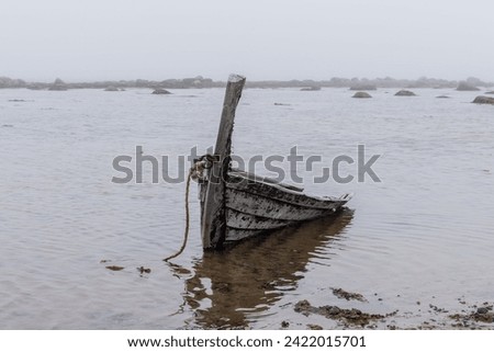 Pomeranian wooden boat crashed during a storm, White sea, Bol'shoi Zhuzhmui Island, Republic of Karelia, Russia, fog