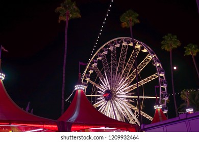 Pomona, California USA - September 23rd, 2018. Ferris Wheel In LA Country Fair With People Who Are Enjoy With Wonderful Aerial View Of The Festival At Night Time.