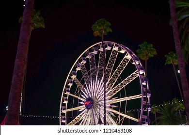 Pomona, California USA - September 23rd, 2018. Ferris Wheel In LA Country Fair Is Decorated By Illuminated Warm White Light In Night Time.