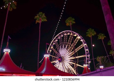 Pomona, California USA - September 23rd, 2018. Ferris Wheel In LA Country Fair With People Who Are Enjoy With Wonderful Aerial View Of The Festival At Night Time. 