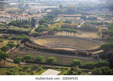 Pompeii Amphitheater, Aerial View, Naples, Archeologic Ruins Of Pompeii In Italy 