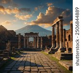 The Pompeii Forum, Italy, with ancient columns and statues glowing against the backdrop of Mount Vesuvius.