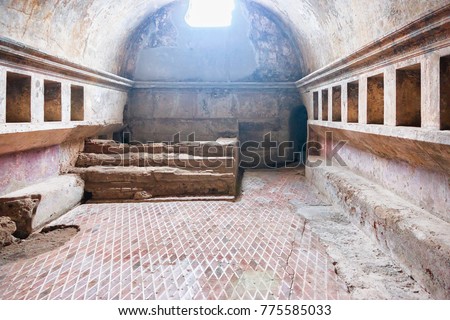 Pompeii, Italy - October 1, 2017: Interior of public baths in ancient city Pompeii, Naples, Italy