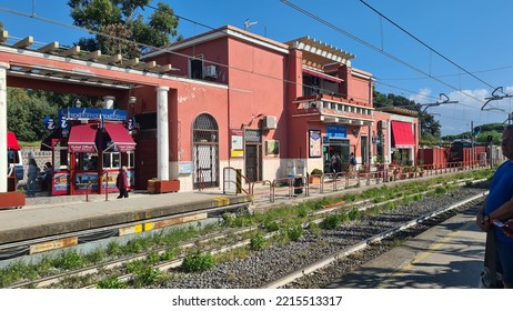 Pompeii, Italy-October-15-2022: Pompeii Station Of The Circumvesuviana Train. Stop In Front Of The Excavations Of The Ancient Roman City Destroyed In 79 AD By The Eruption Of The Volcano Vesuvius.