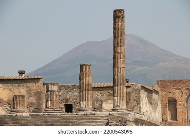 PompeiNaplesItaly- 07112015: Ruins Of Pompei With Vesuvius Volcano Behind.