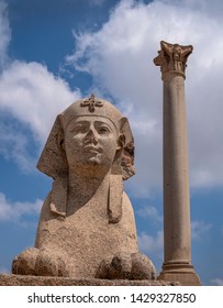 Pompey's Pillar And Sphinx At Serapeum Of Alexandria, Egypt