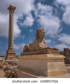 Pompey's Pillar And Sphinx At Serapeum Of Alexandria, Egypt