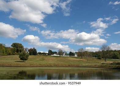 The Pond And Barn At Tilly Foster Conservation Area In Putnam County, NY