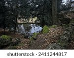 Pond at the bottom of a small waterfall in a park in autumn