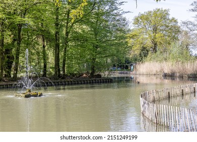 Pond with calm water with a working fountain with water jets, green trees in the background, wooden fence, wild vegetation, sunny spring day in Heidekamp park in Stein, South Limburg, Netherlands - Shutterstock ID 2151249199