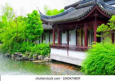 A Pond In Front Of A Building In The Classical Chinese Li Yuan Garden In Zhaojialou Shanghai China.