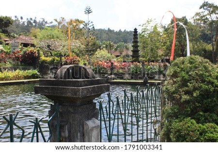 Pond in garden with fountain in background, Bali, Indonesia