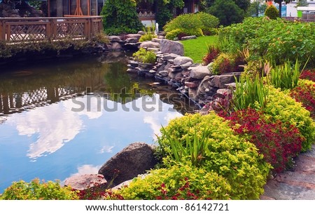 Pond in the garden on summer day