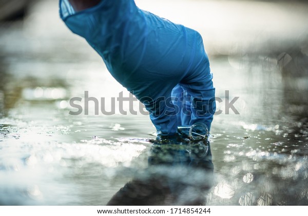 Pond water pollution\
concept. Scientist takes samples of dirty water from a pond into a\
test tube.