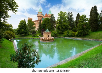Pond with water and small architectural eleen near Bojnice castle in Slovakia