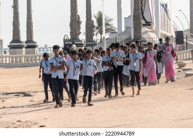 Pondicherry, India - January 2020: A Large Group Of School Children In Uniform On An Excursion To The Tourist Promenade In The Town Of Puducherry.