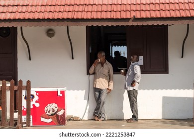 Pondicherry, India - January 2020: Two Indian Men Drinking Tea At The Seaside Le Cafe At The Promenade In Puducherry.