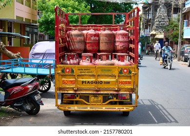 Pondicherry, India - May 18 2022: Gas Cylinder LPG Delivery In India Refill Gas. Blurred. Selective Focus