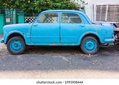 Pondicherry, Tamil Nadu, India - CIRCA FEB 2021: Ambassador Car Made By Hindustan Motors Parked On The Street Side