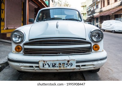 Pondicherry, Tamil Nadu, India - CIRCA FEB 2021: Ambassador Car Made By Hindustan Motors Parked On The Street Side