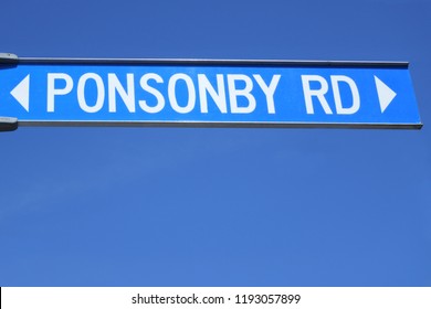 Ponsonby Road Sign In Auckland New Zealand, Against Blue Sky. Copy Space