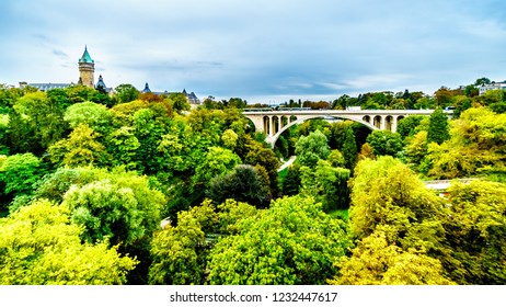 The Pont Adolphe (Adolphe Bridge) And Vallé De La Pétrusse (Petrusse Park) In The City Of Luxumbourg