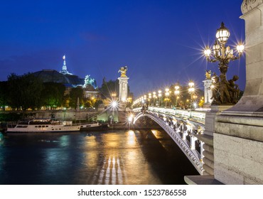 Pont Alexander bridge over the seine river in Paris, France at night with star lights. Historical Architecture and landmarks of Paris. Postcard of Paris