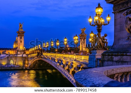 Pont Alexandre III (Alexander the third bridge) over river Seine in Paris, France. Architecture and landmarks of Paris. Postcard of Paris