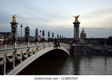 Pont Alexandre III famous bridge in Paris, France. February 2018.