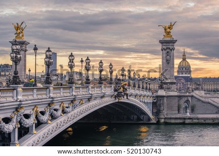 Pont Alexandre III at sunset over the river Seine. One of the main historical attractions of the French capital. Paris, France. High dynamic range image.