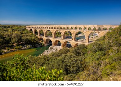 Pont Du Gard Is An Old Roman Aqueduct In Provence, France