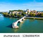 Pont Saint Benezet bridge and Rhone river aerial panoramic view in Avignon. Avignon is a city on the Rhone river in southern France.