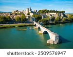 Pont Saint Benezet bridge and Rhone river aerial panoramic view in Avignon. Avignon is a city on the Rhone river in southern France.