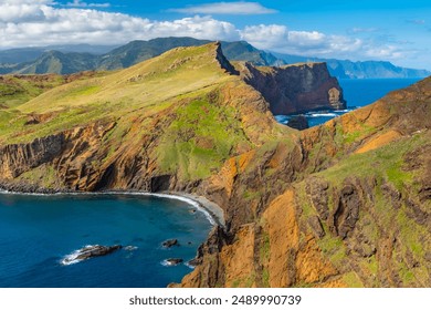 Ponta de Sao Lourenco Madeira Portugal. Scenic mountain view of green landscape, cliffs and Atlantic Ocean. Hiking active day, travel background - Powered by Shutterstock