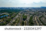 Pontcanna, the leafy terraced suburb of Cardiff with shooting location for His Dark Materials in centre and Millennium Principality Stadium in the distance, aerial shot taken on Pride weekend 2023