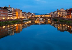 Ponte Santa Trinita Bridge Over The Arno River At Night, Florence, Italy