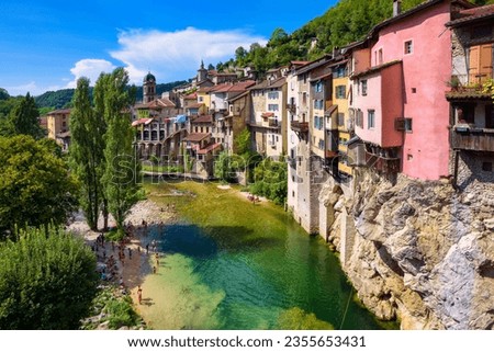 Pont-en-Royans picturesque historical town, famous for its hanging houses on the rock landmark and alpine river flowing through the center, Isere, France