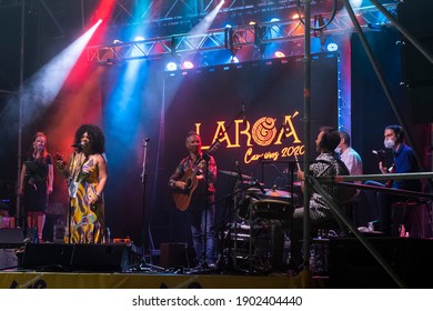 PONTEVEDRA, SPAIN - AUGUST 10, 2020: Free Outdoor Concert By The Musical Group Laroa, During The COVID-19 Pandemic.