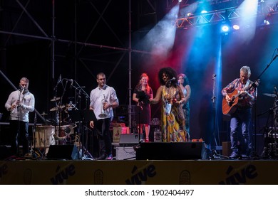 PONTEVEDRA, SPAIN - AUGUST 10, 2020: Free Outdoor Concert By The Musical Group Laroa, During The COVID-19 Pandemic.