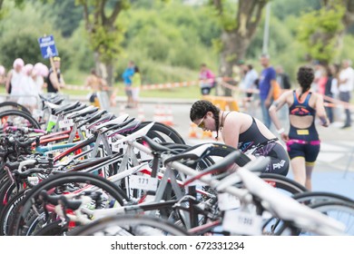 PONTEVEDRA, SPAIN - JUNE 11, 2017: Detail of the Spanish Championship of Triathlon by clubs, celebrated by the streets and river of the city.