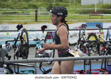 PONTEVEDRA, SPAIN - MAY 22, 2016: Detail of the participants in the Championship of Spain Triathlon Relay held in the city.