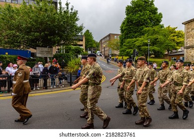 Pontypoo, Wales - 07 23 2022: The Gwent And Powys Army Cadet Force Marching With The Royal Welsh Through Pontypool