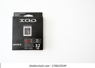 Pontypool Gwent Wales June 03 2020 Sony 32GB XQD Digital Camera Memory Card In Retail Packaging On A White Background